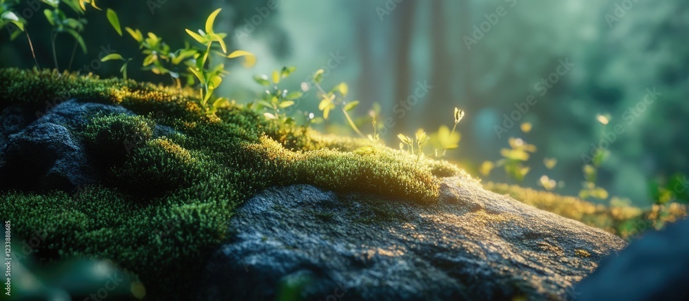 Poster moss covered rocks with glowing light and lush greenery in a tranquil forest setting with copy space