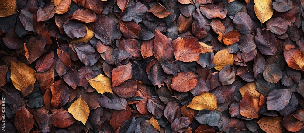 Poster colorful autumn leaves in various shades on a dark background with ample copy space for text placeme