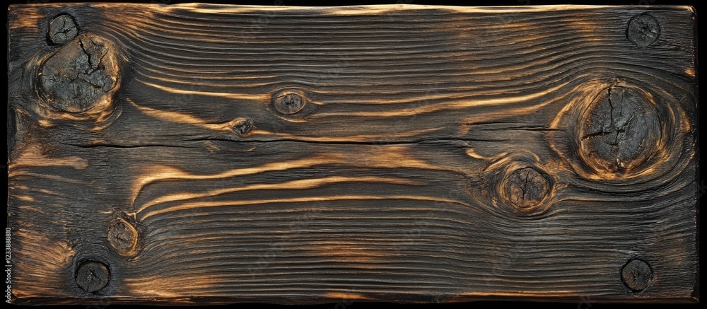 Poster dark weathered wooden plank with intricate grain patterns and knots, suitable for background or text