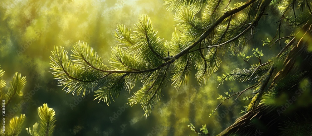 Poster close-up of vibrant green pine branch with soft focus background featuring lush foliage and sunlight