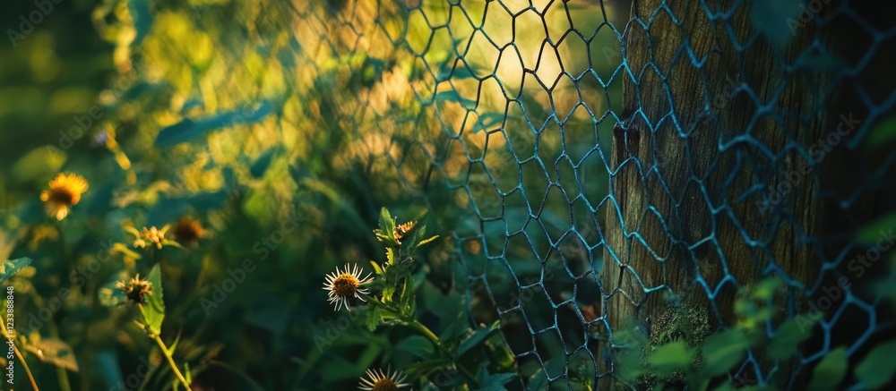 Poster sunlit garden scene with wildflowers near a chain-link fence and soft background bokeh copy space