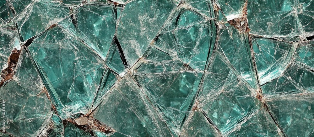 Poster fragmented shards of broken glass with sharp edges and reflective surfaces in various shades of gree