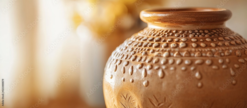 Poster clay pottery vase with intricate decorative patterns and soft lighting in a blurred background, copy