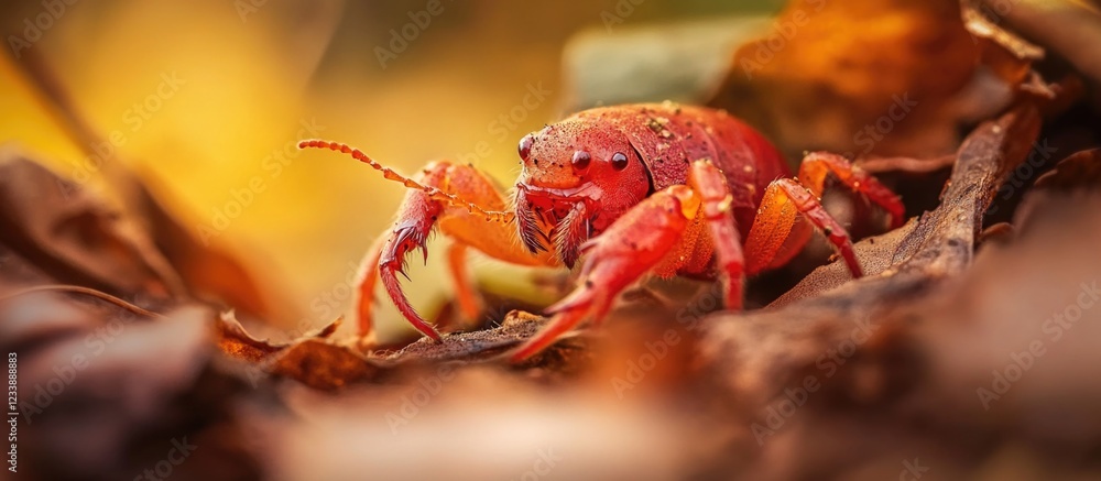 Poster close-up of a red crab on decomposing leaves in a natural environment with blurred background and br