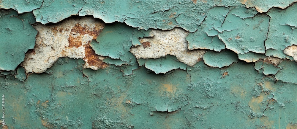 Poster textured background of peeling turquoise paint revealing rust and underlying materials with multi-la