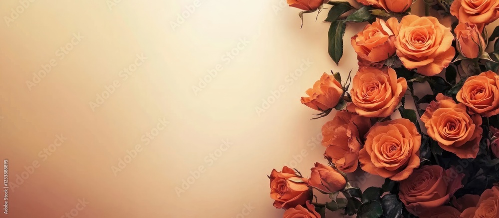 Poster orange roses arranged on the left side with soft blurred background and copy space for text on the r