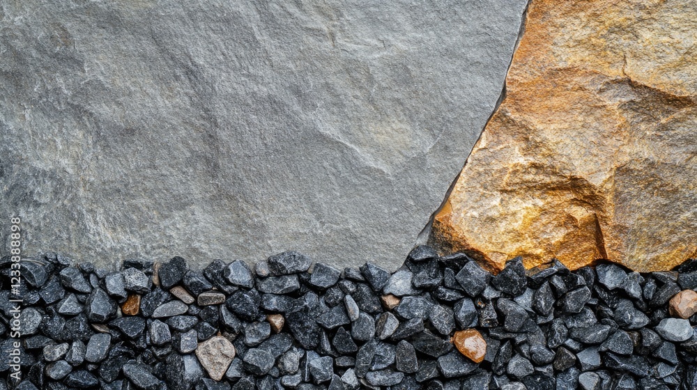 Poster textured background featuring dark gravel and large golden rock with gray slate, suitable for design