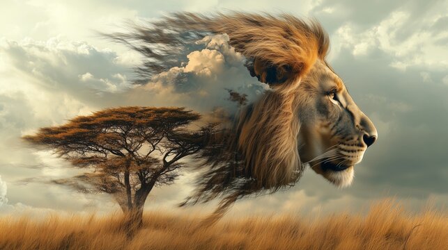 A powerful double exposure image of a lion's head merged with the African savanna.