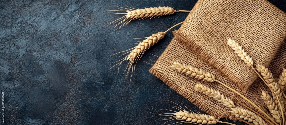 Poster rustic burlap fabric with wheat stalks on dark textured background with copy space for text placemen