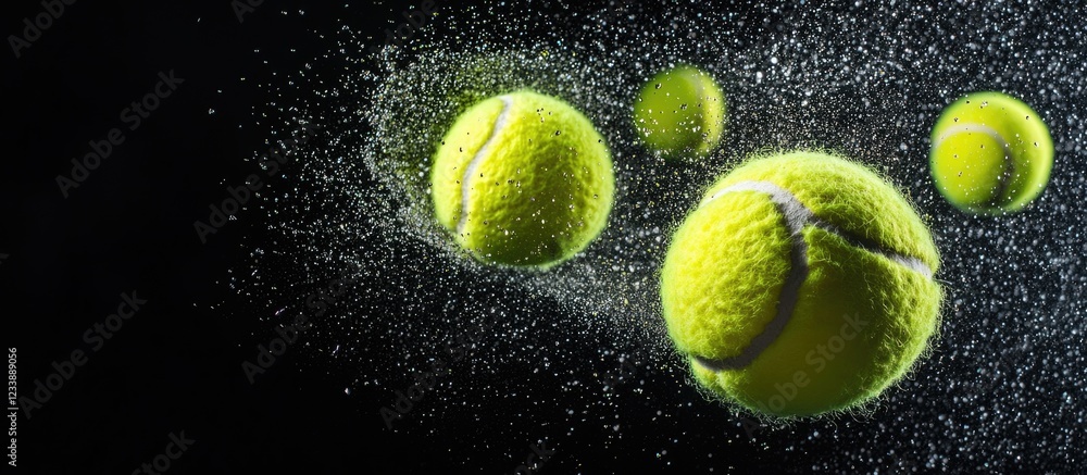 Poster tennis balls in motion with water splashes against a dark background showing dynamic action and ener