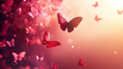 An enchanting Valentine background showcasing vibrant pink and red hearts surrounded by fluttering butterflies