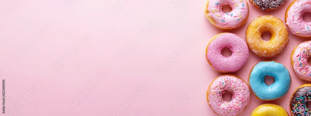 Poster assorted donuts on a pink background with copy space for text