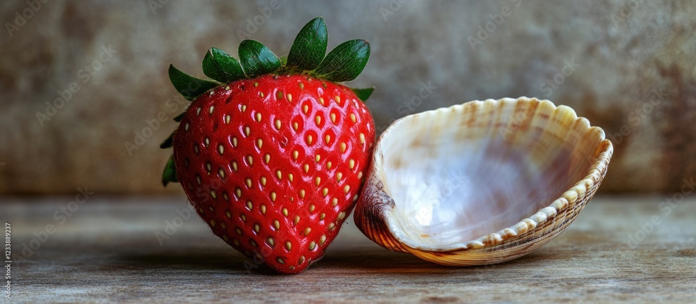 Poster fresh red strawberry and a seashell placed on a textured surface with natural lighting copy space