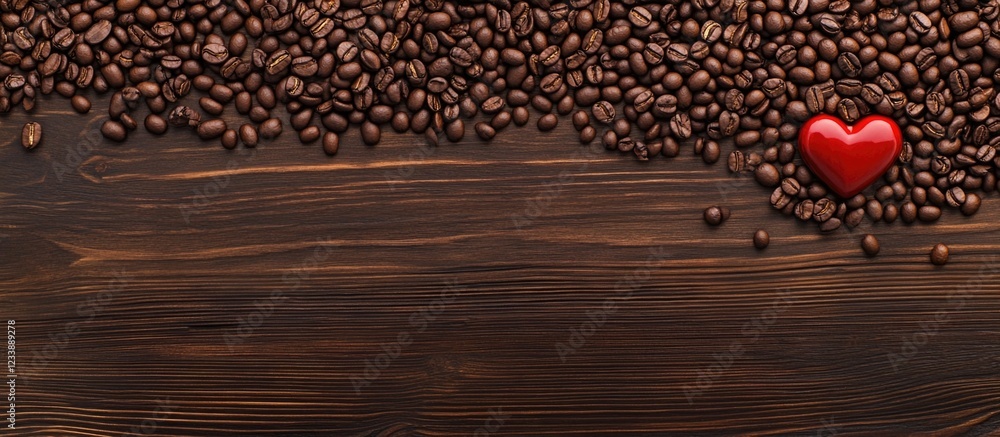 Poster red heart shape surrounded by coffee beans on wood background with ample copy space for text placeme