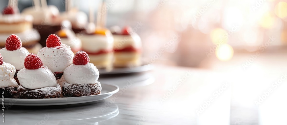 Poster delicious assorted desserts with whipped cream and raspberries on a marble countertop with blurred b