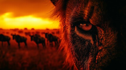 The face of a regal lion fades into a panoramic view of the African savanna, where a herd of wildebeests grazes under a fiery sunset.