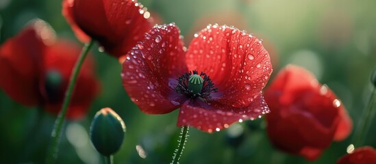 Red poppy flowers with dew drops in a green meadow background