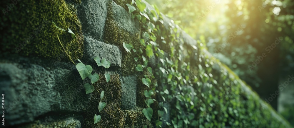 Poster ivy covered stone wall with sunlight filtering through trees in a natural setting copy space