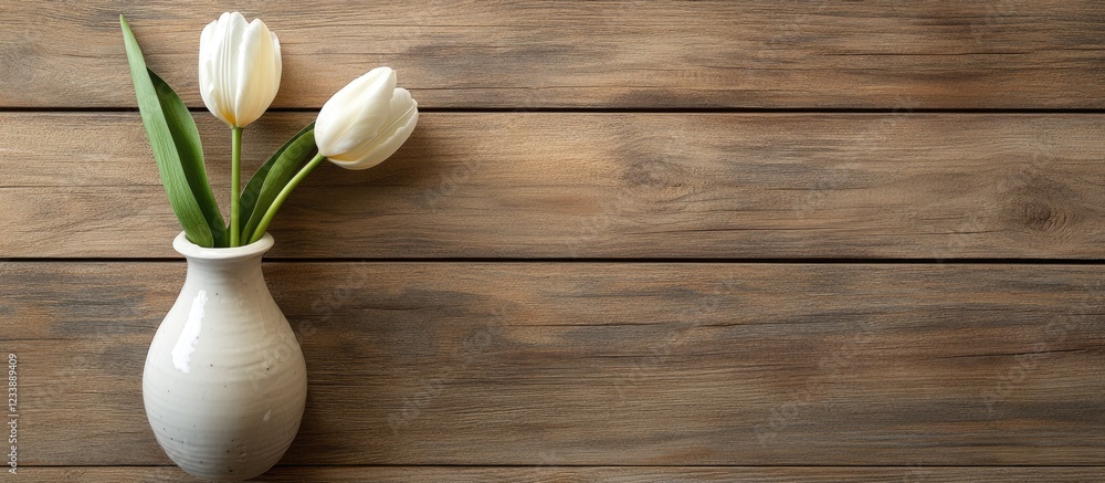 Poster white tulips in a ceramic vase on rustic wooden background with ample copy space for text placement
