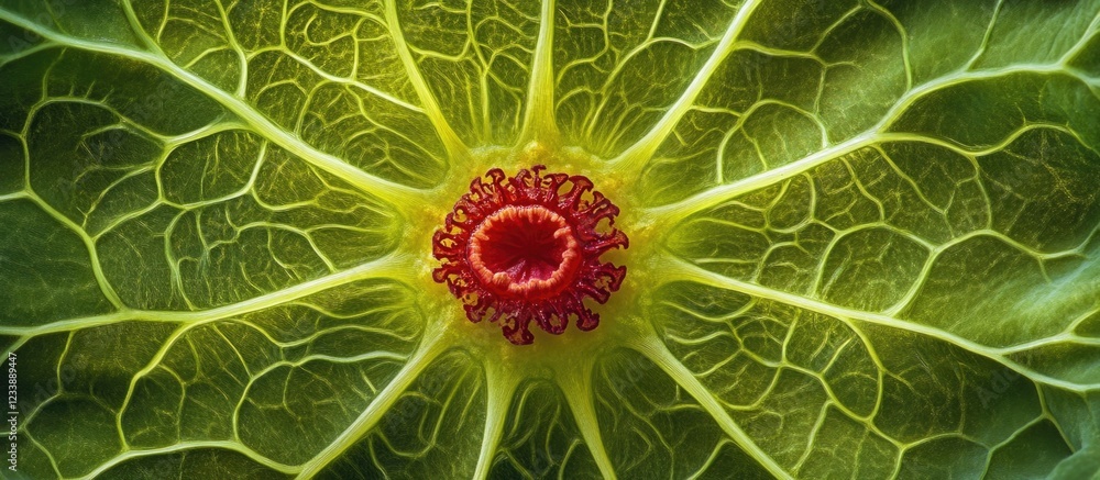 Poster close-up of intricate green leaf veins with a central red flower structure isolated on dark backgrou