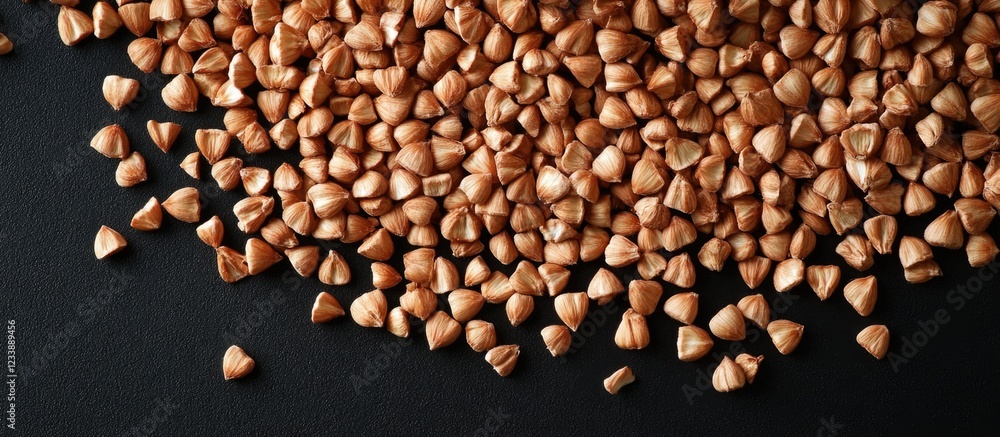 Poster buckwheat groats scattered on a dark background with ample copy space for text placement.