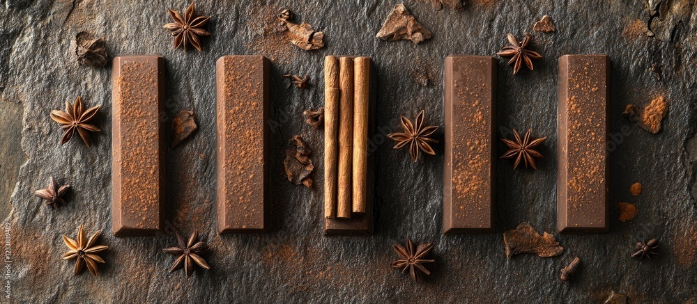 Poster chocolate bars arranged on a textured background with star anise and cocoa powder, featuring ample c