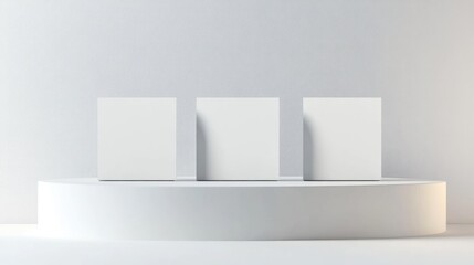 Minimalistic display podium with three blank white cubes on a circular platform against a light gray background with Copy Space