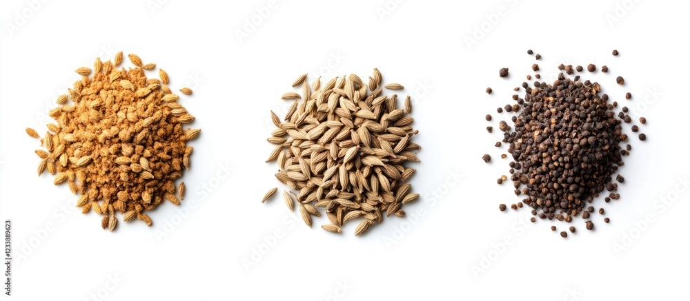 Poster assorted seeds piles on white background with copy space