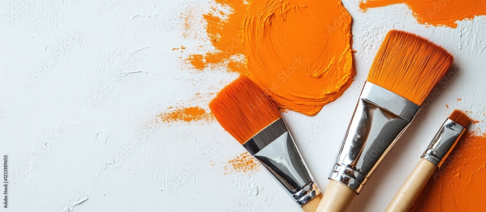Poster three paintbrushes with orange bristles on a white background with orange paint splatters and copy s