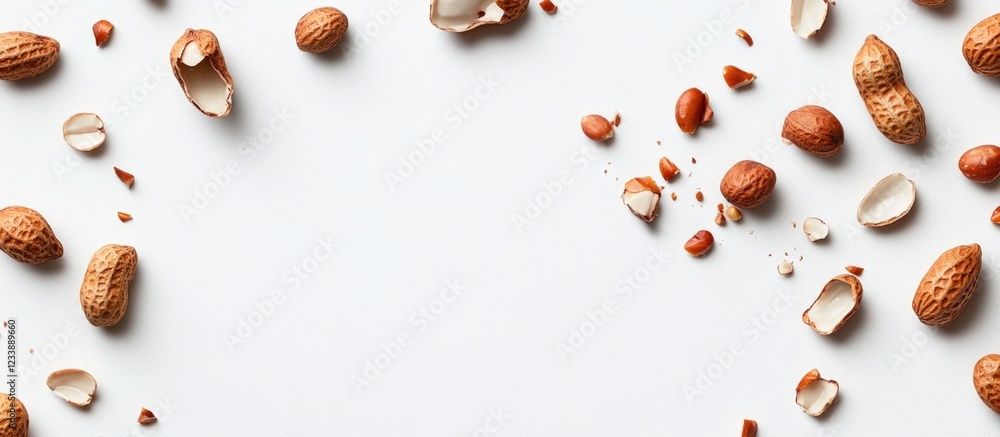 Poster assorted nuts and shells arranged on white background with copy space for text