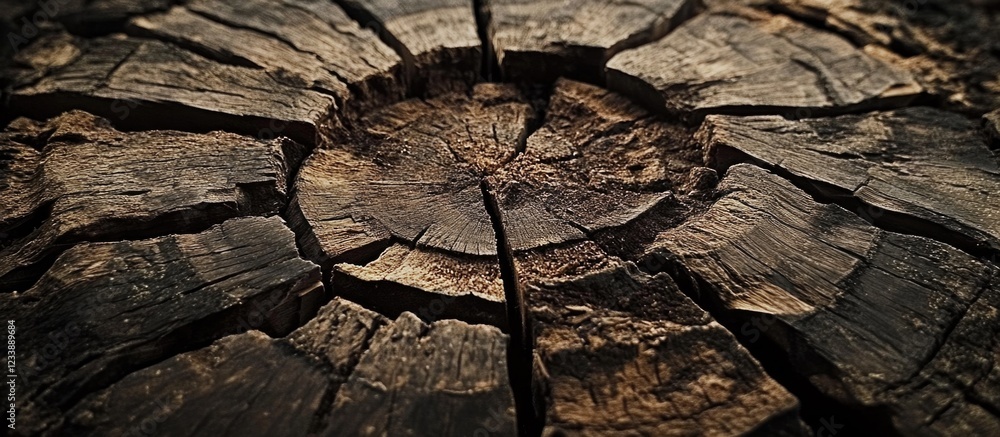 Poster close-up of weathered wooden tree rings showing cracks and texture high resolution detail with copy 