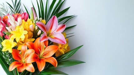 Colorful bouquet of lilies and mixed flowers with green leaves on white background with copy space
