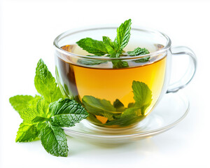 Isolated image of herbal tea with fresh mint leaves in a transparent cup, captured with perfect lighting.