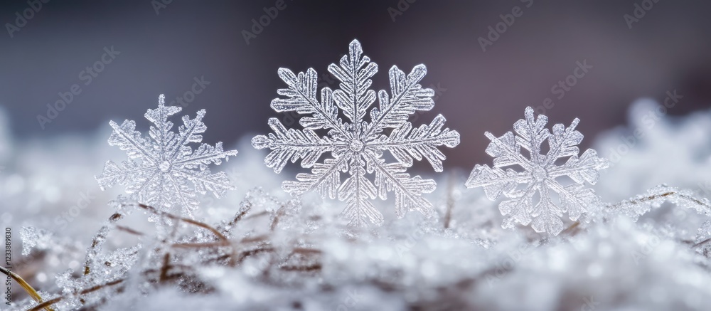 Poster close-up of delicate snowflakes on a bed of soft snow with blurred background and copy space for tex