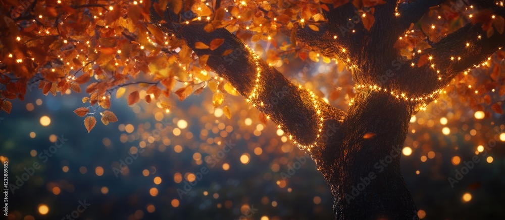 Poster autumn tree with orange leaves wrapped in glowing lights creating a magical evening atmosphere with 