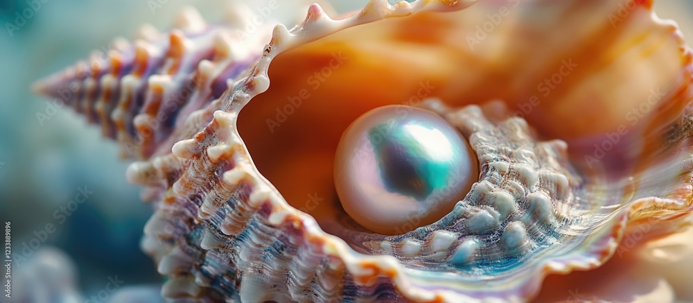 Aufkleber detailed close-up of a seashell with a pearl inside showcasing intricate textures and colors, ideal 