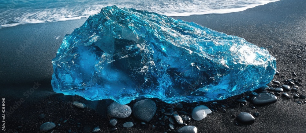 Poster blue ice rock on black sandy beach with ocean waves in background displaying textures and reflection