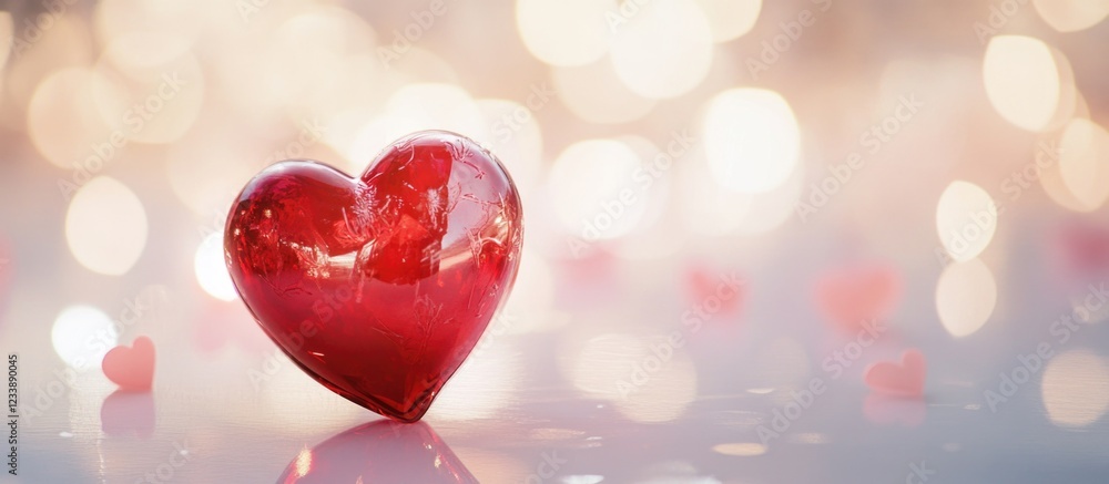 Aufkleber red heart-shaped decoration with soft bokeh background and scattered heart shapes copy space