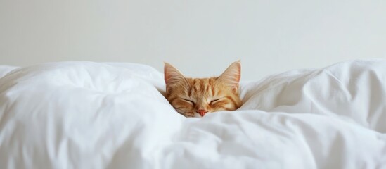 Orange tabby cat resting on a white duvet with eyes closed Copy Space