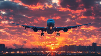 Majestic Airplane Landing at Sunset