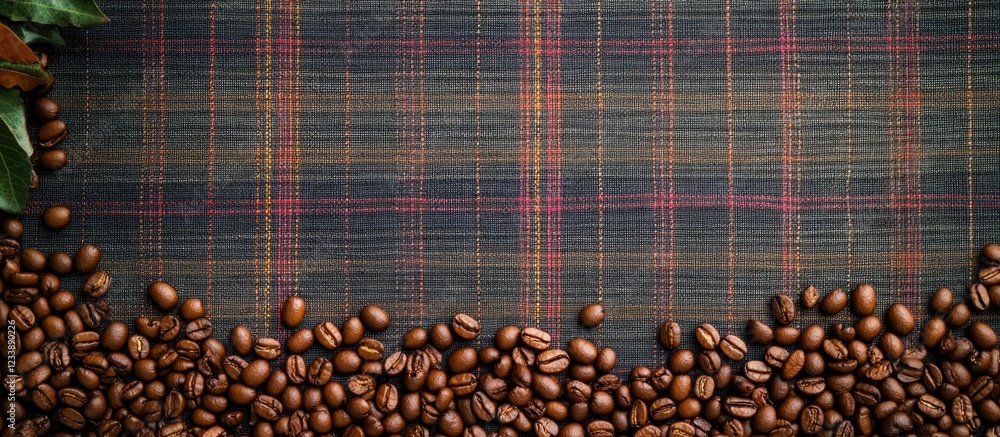 Aufkleber coffee beans on a textured plaid background with leaves and ample copy space for text placement