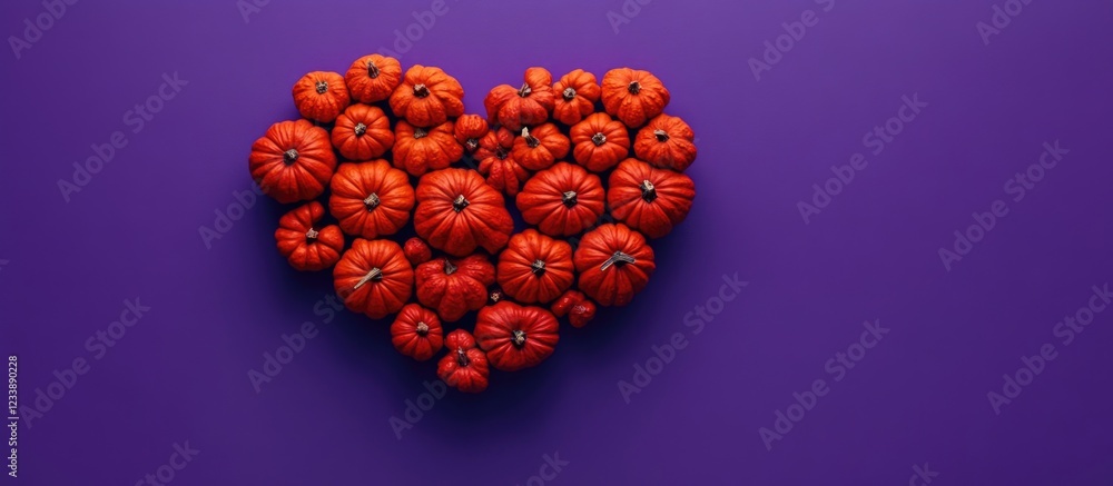 Poster red pumpkins arranged in a heart shape on a purple background with ample copy space for text placeme