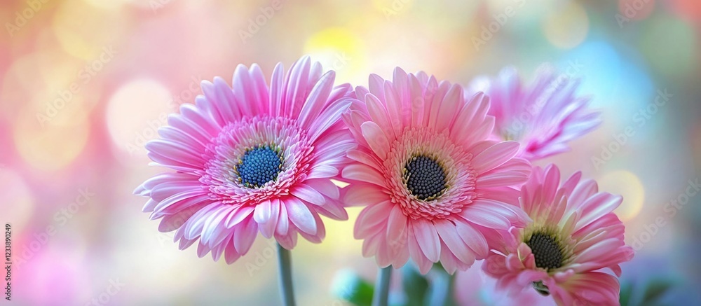 Poster pink gerbera daisies with soft pastel background and bokeh effect featuring copy space for text inse