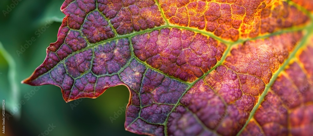 Poster close-up of a colorful autumn leaf displaying intricate texture and vibrant hues with natural light 