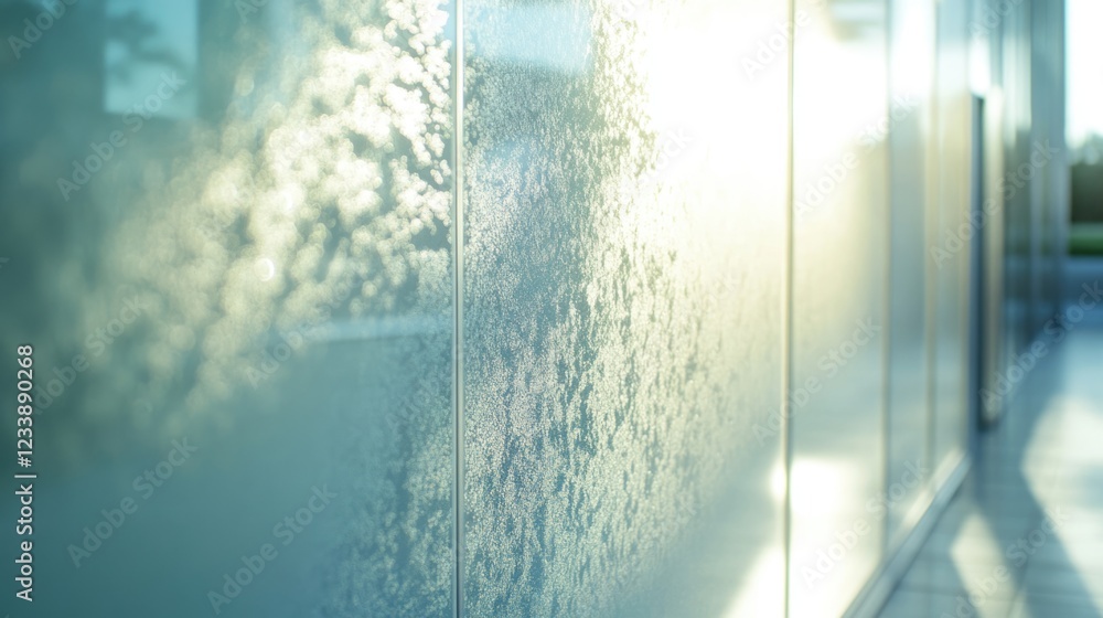 Poster frosted glass wall with reflections and sunlight creating a textured surface and a cool color palett