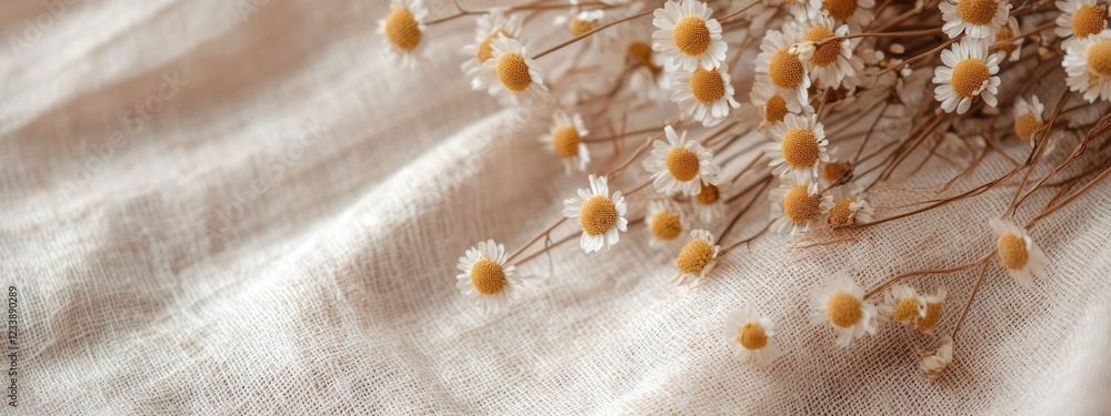 Poster dried flowers arrangement on textured fabric background with copy space for text insertion