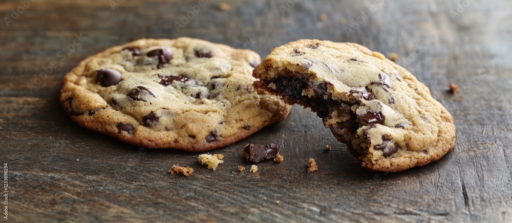 Poster chocolate chip cookies on a rustic wooden surface with one cookie partially broken, copy space for t