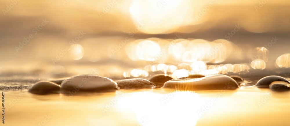 Poster golden sunlight reflecting on wet pebbles at the beach with soft bokeh effect and smooth water surfa