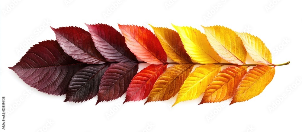Poster colorful autumn leaves arranged in a gradient pattern from dark red to yellow on a white background 