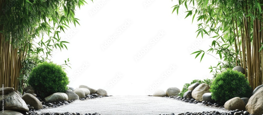 Poster serene zen garden with bamboo and pebbles creating tranquil atmosphere for branding and relaxation t